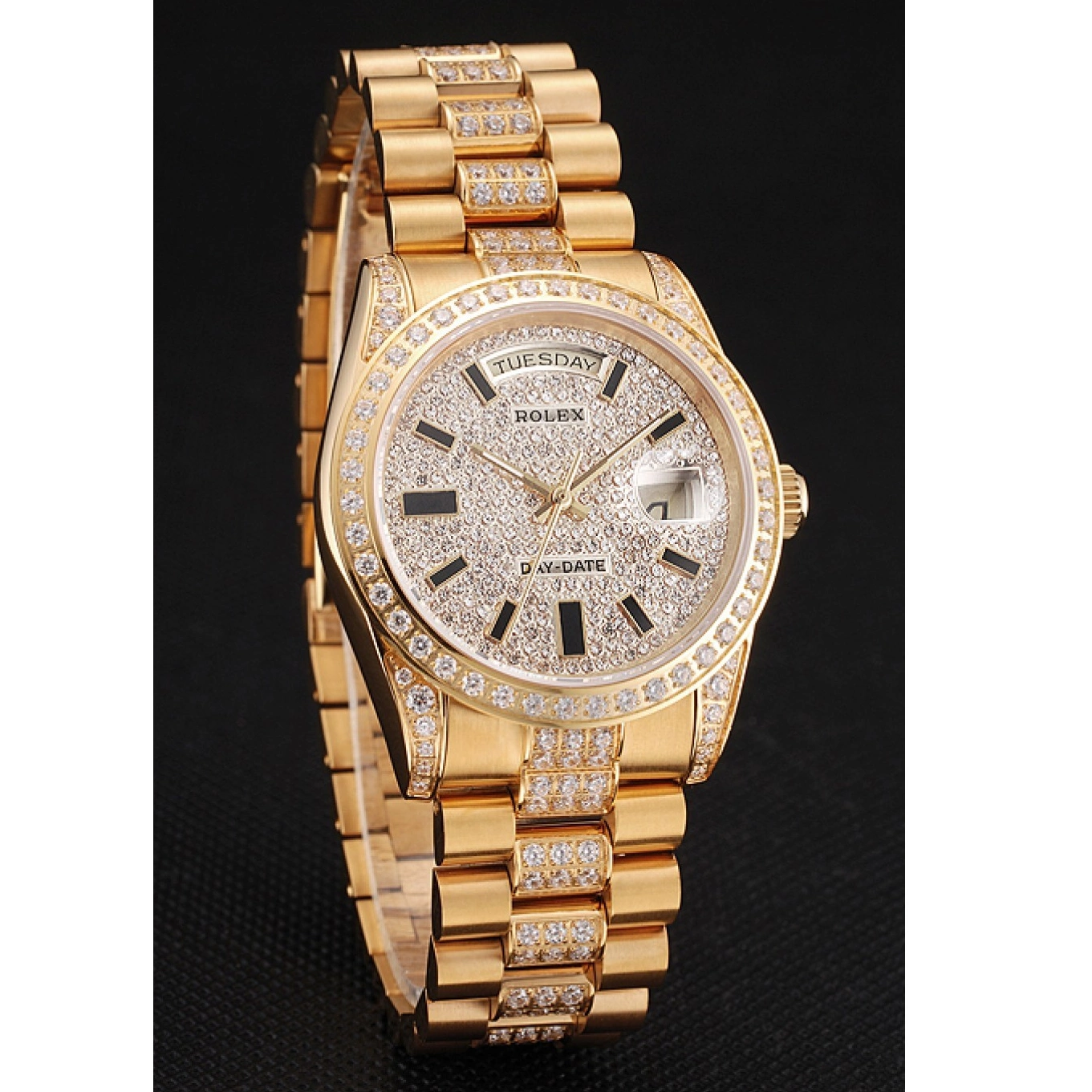 AAA replica watch Pave Gold Yellow Rolex Diamond Swiss Day Date 0625